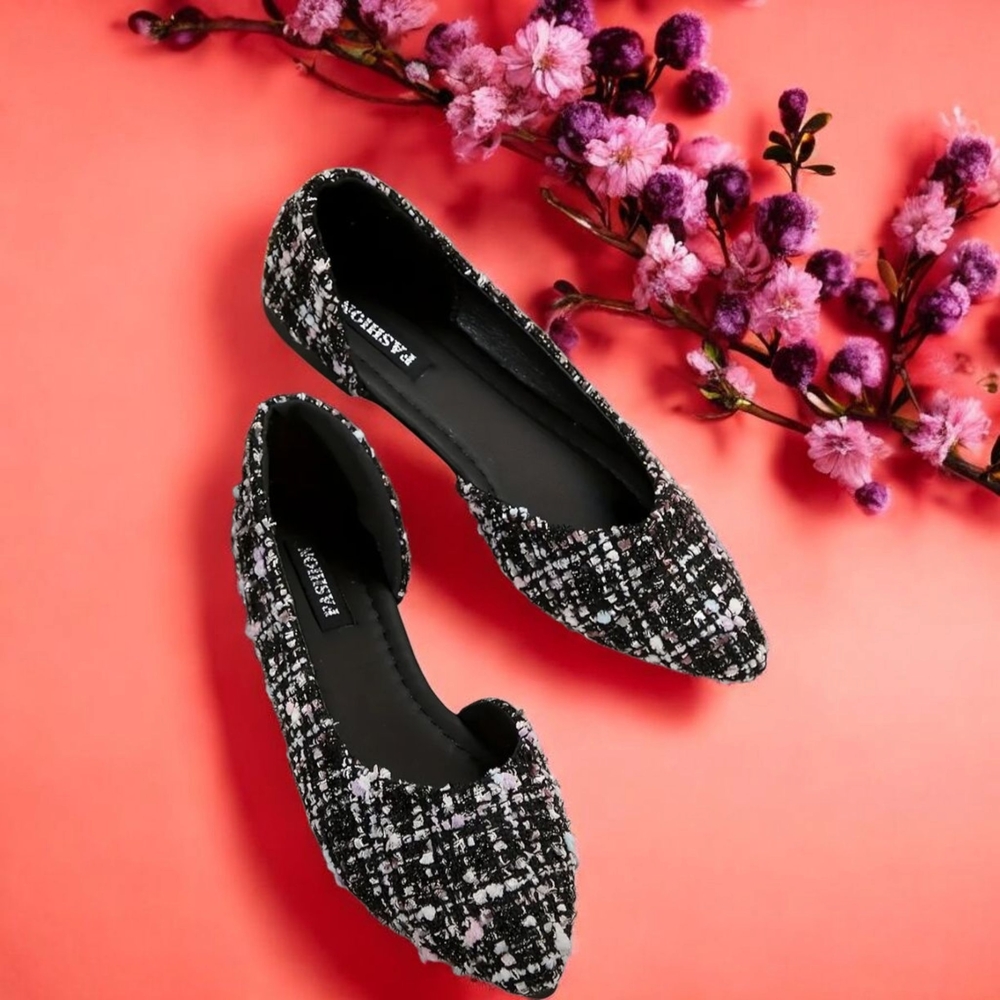 Black and White Tweed Pointed Toe Flats